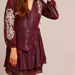 Anthropologie BOHO Amber Embroidered burgundy Dress DolanLeft long sleeves.Large